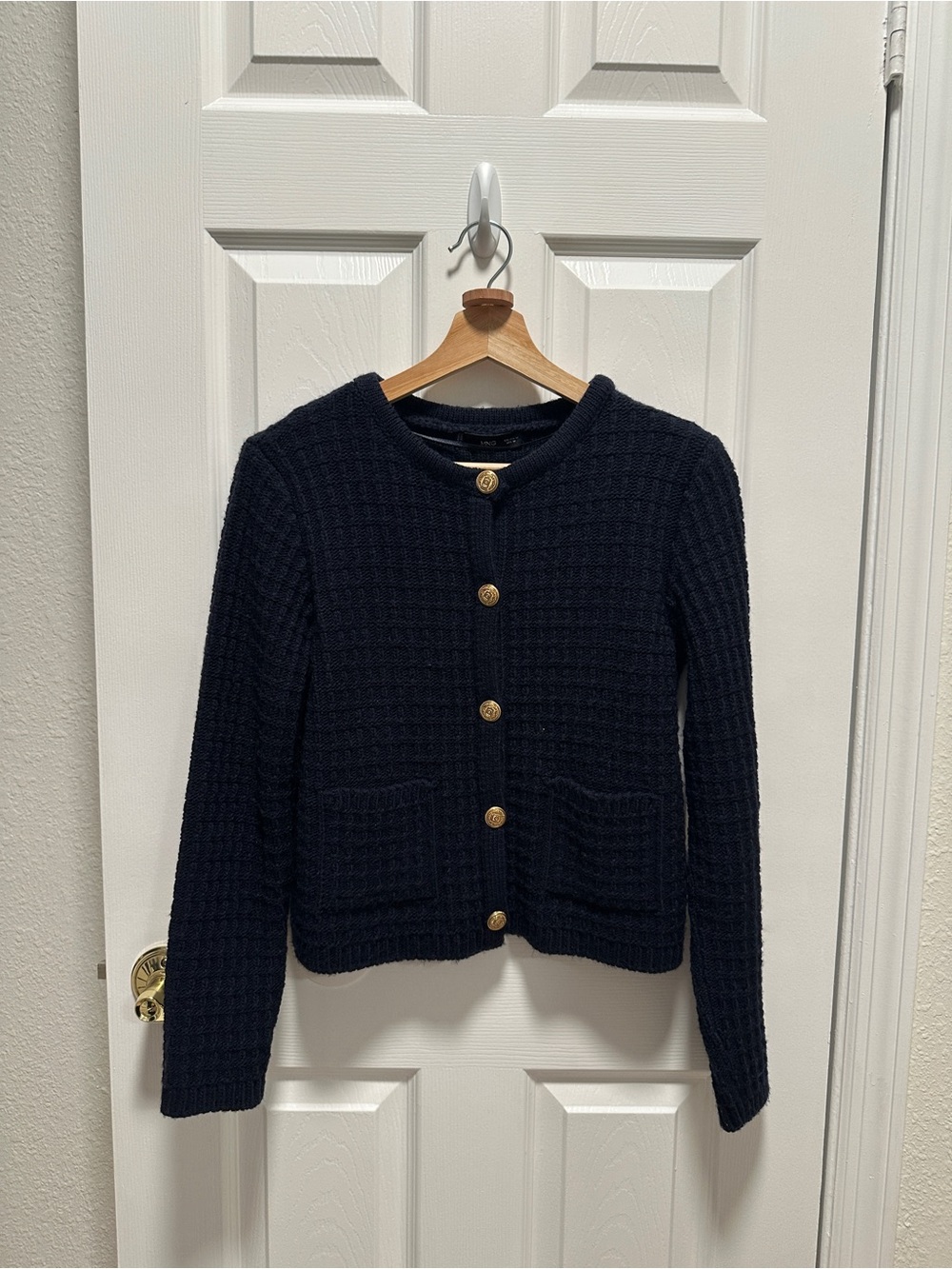 Navy Waffle-Knit Button Front Cardigan